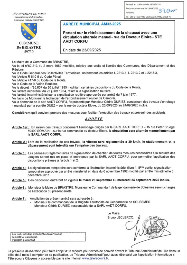 Arrêté retrecissement chaussée