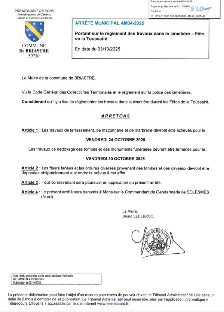 Arrêté Toussaint Cimetière